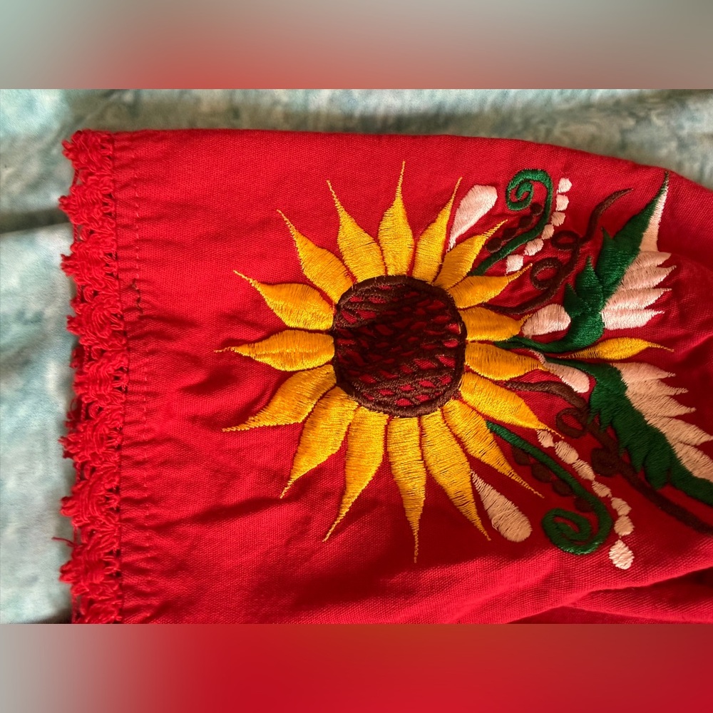 Women’s Sunflower Embroidered Red Long Sleeve Tunic Top - Picture 4 of 10